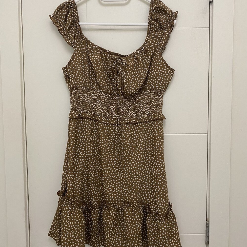 Brown Patterned Summer Dress - Peasant Neckline